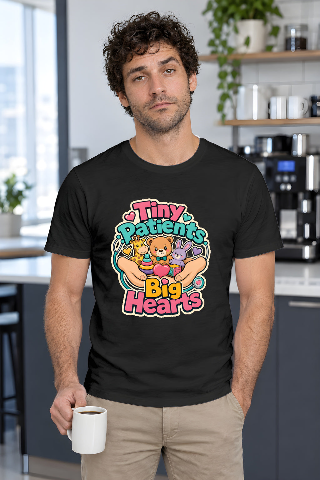 Pediatric Nurse T-Shirt Design - Celebrate Care – Black t-shirt worn by Milo