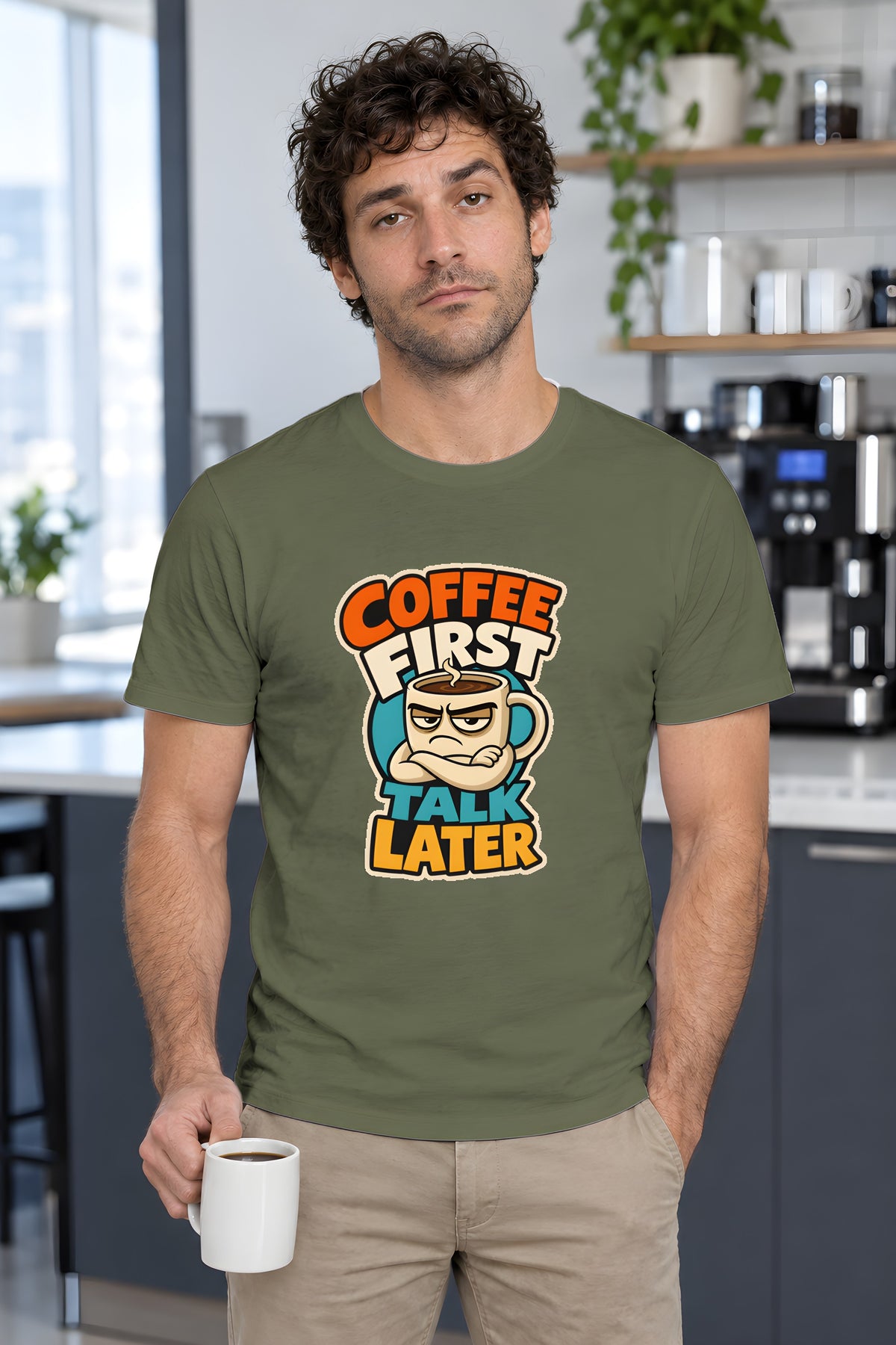 Coffee Lover T-Shirt - Grumpy Cup Morning Humor – Military Green t-shirt worn by Milo