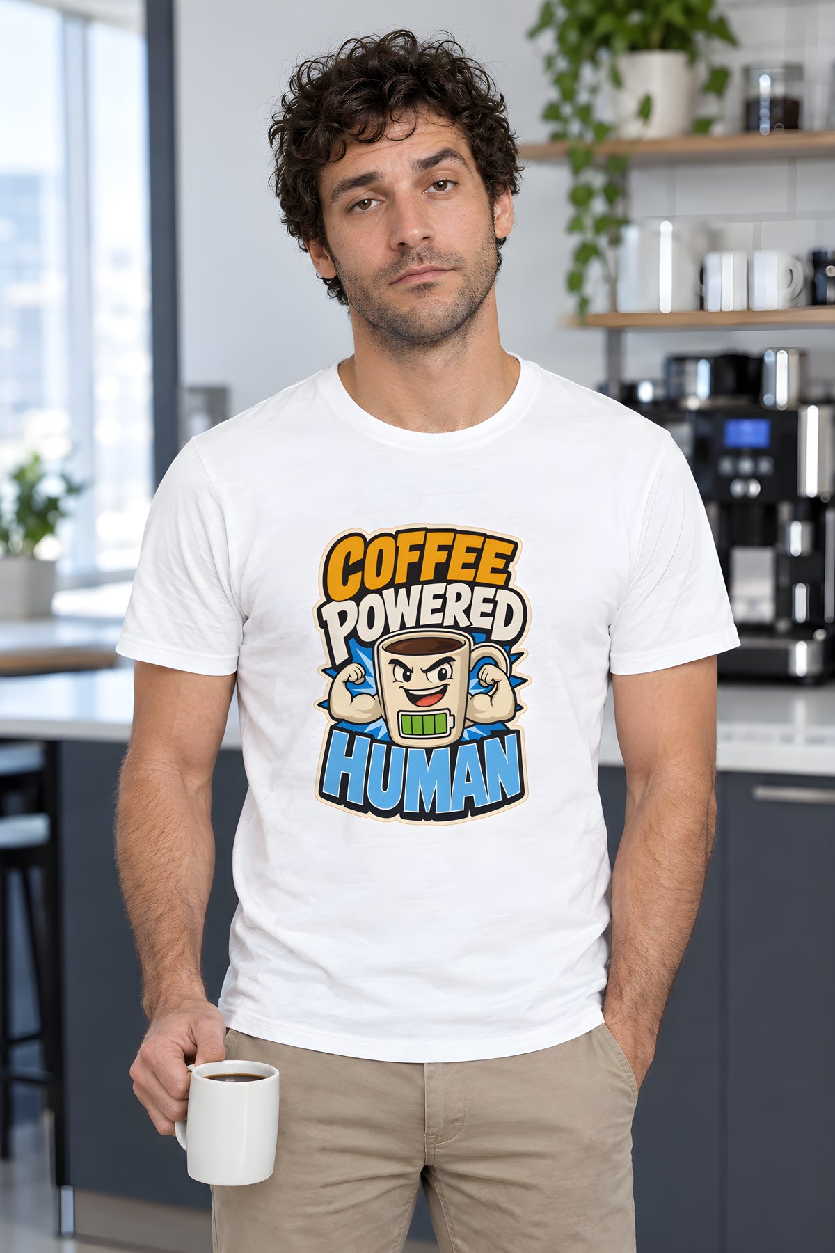 Coffee Lover T-Shirt - Power Up Every Morning – White t-shirt worn by Milo
