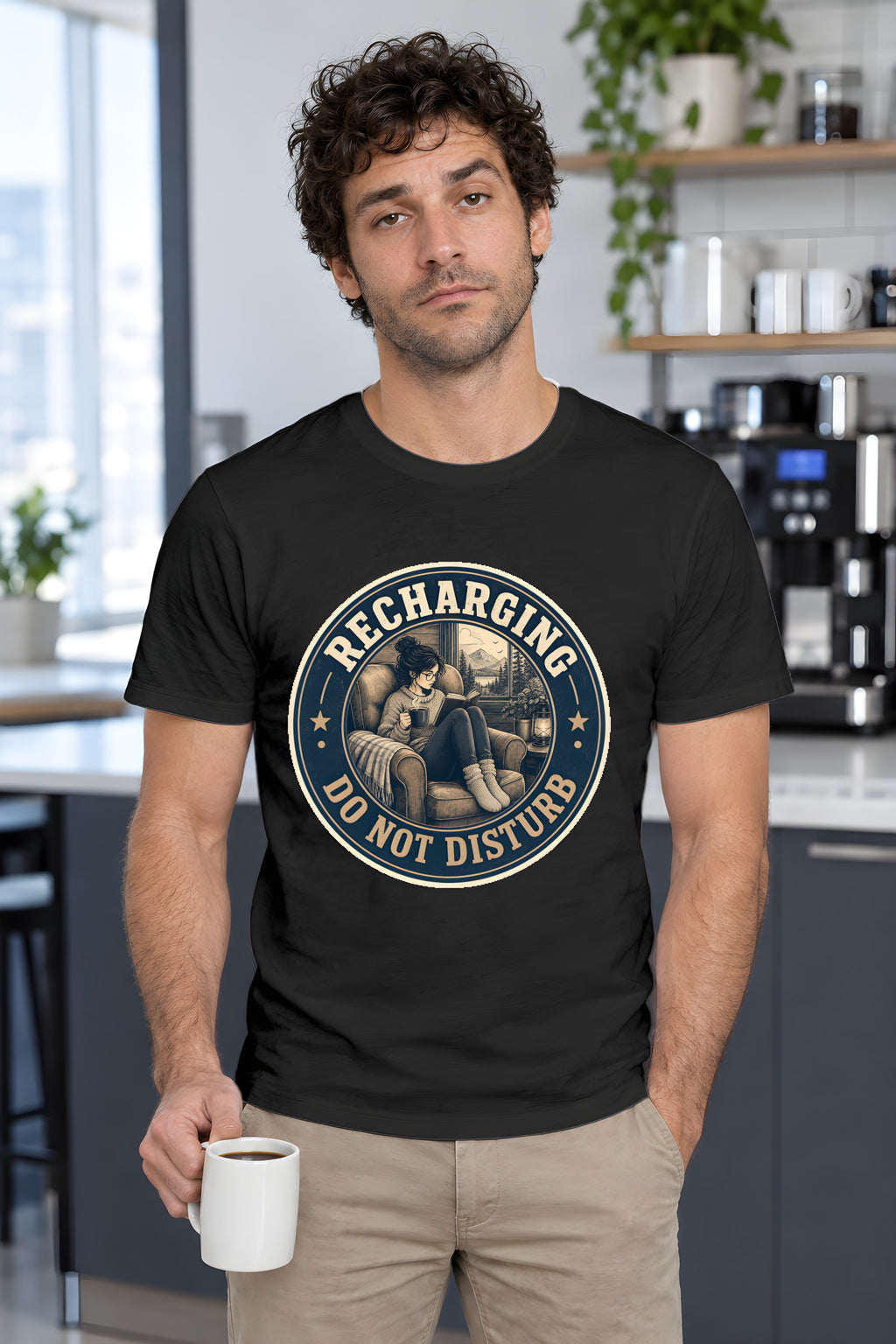 Introvert Self Care T-Shirt - Quiet Time Bliss – Black t-shirt worn by Milo