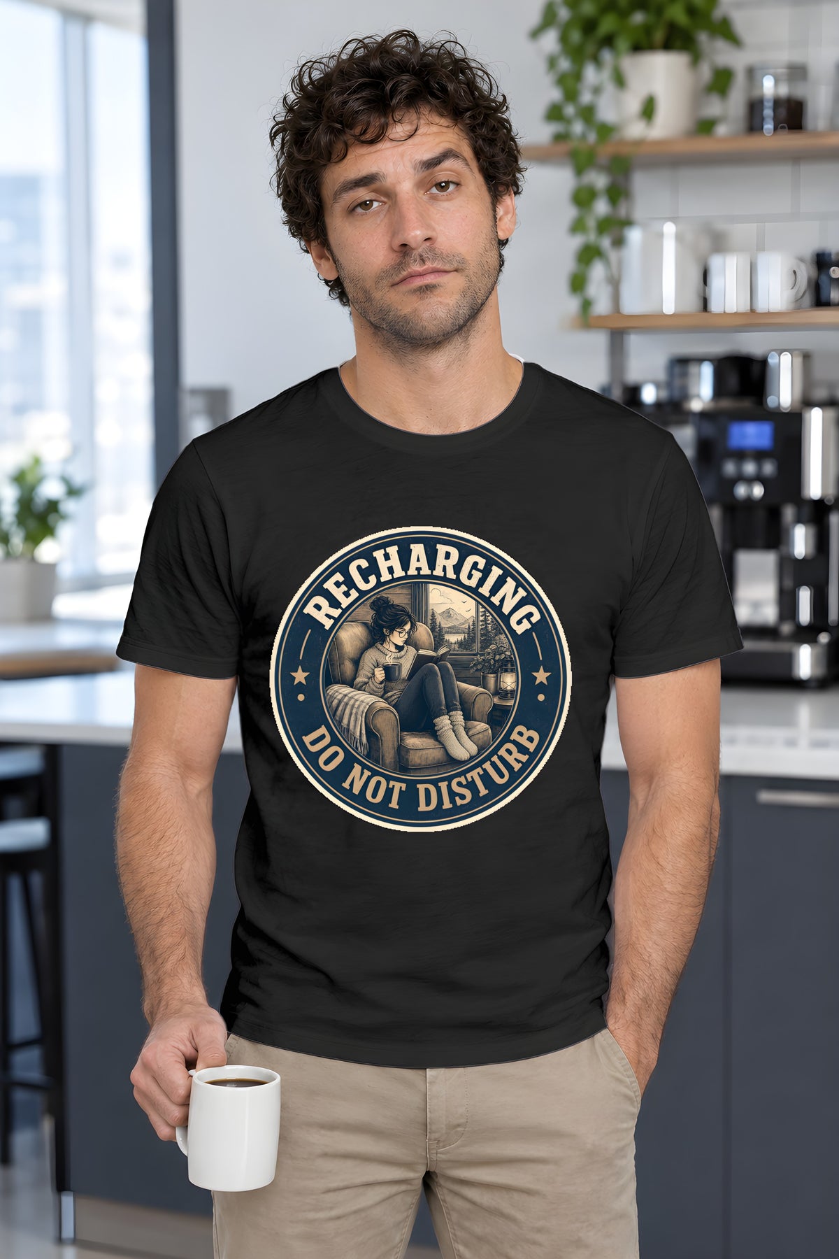 Introvert Self Care T-Shirt - Quiet Time Bliss – Black t-shirt worn by Milo