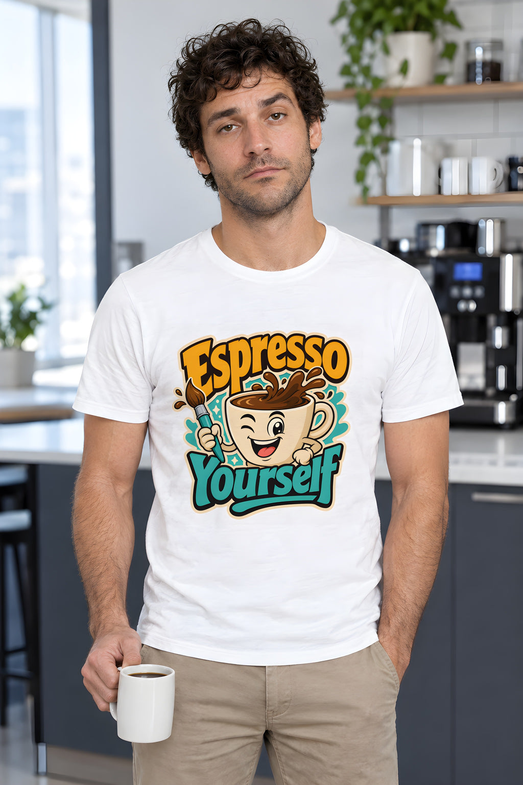 Coffee Lover's Espresso Art T-shirt - Express Yourself – White t-shirt worn by Milo
