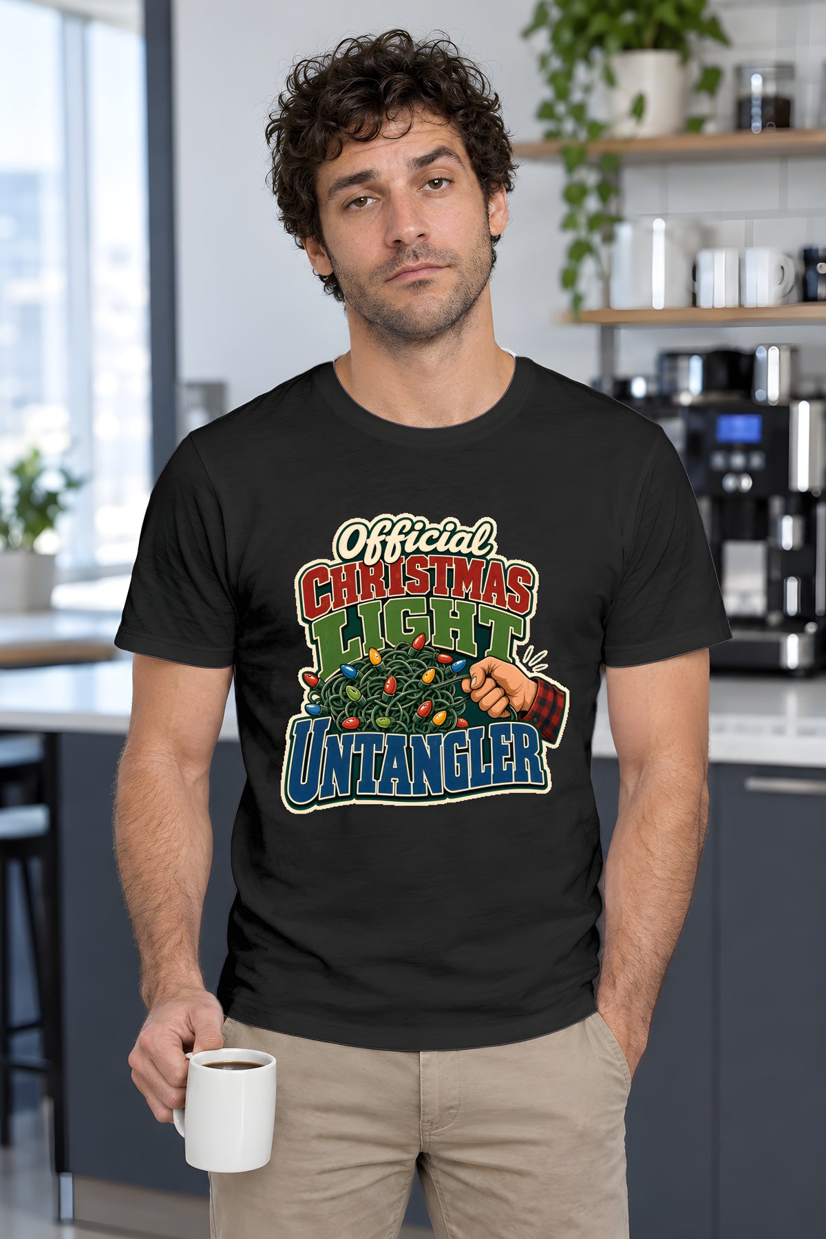 Official Christmas Light Untangler T-Shirt, Funny Dad Gift – Black t-shirt worn by Milo