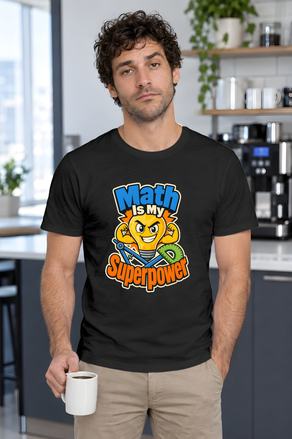 Geometric Lightbulb Design T-Shirt for Math Pros – Black t-shirt worn by Milo