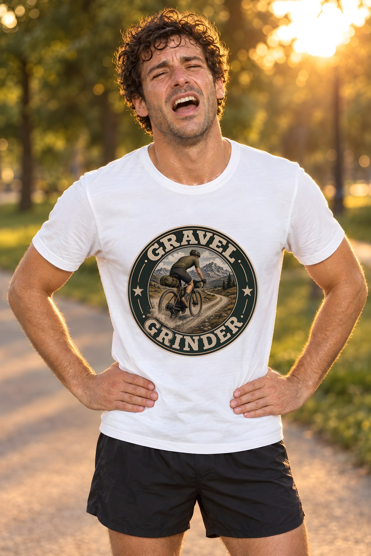 Cyclist Design T-Shirt - Adventure in Every Ride – White t-shirt worn by Milo