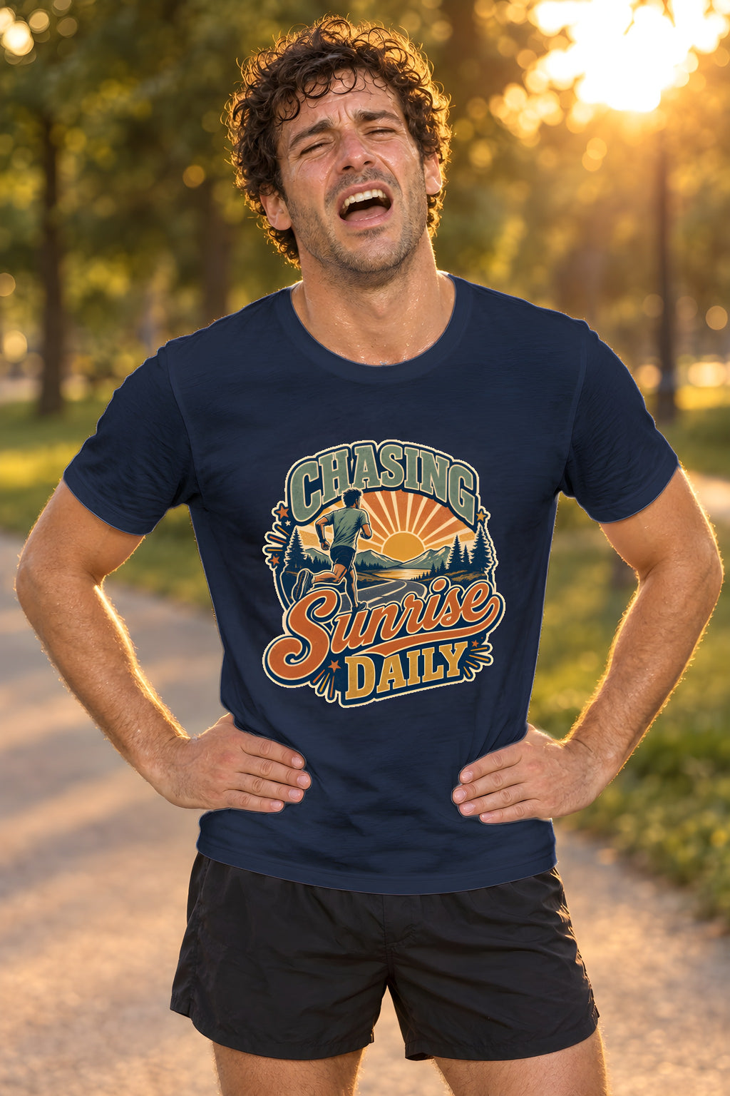 Original Sunrise Runner Design T-shirt for Early Risers – Navy t-shirt worn by Milo