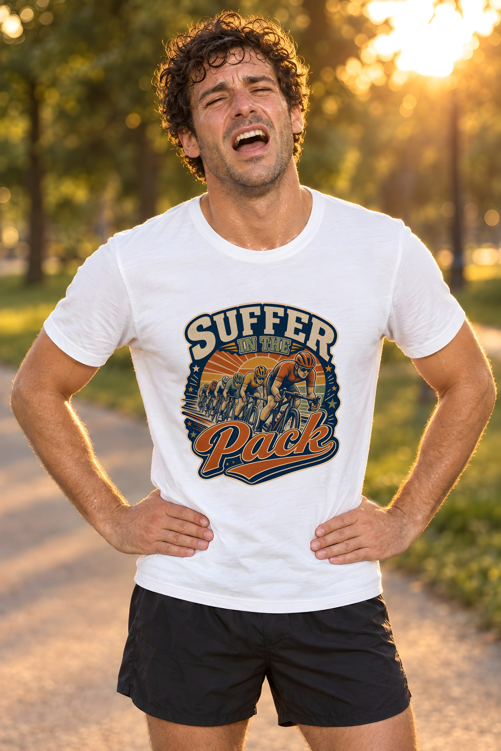 Road Cycling Peloton T-Shirt, Perfect for Racing Enthusiasts – White t-shirt worn by Milo