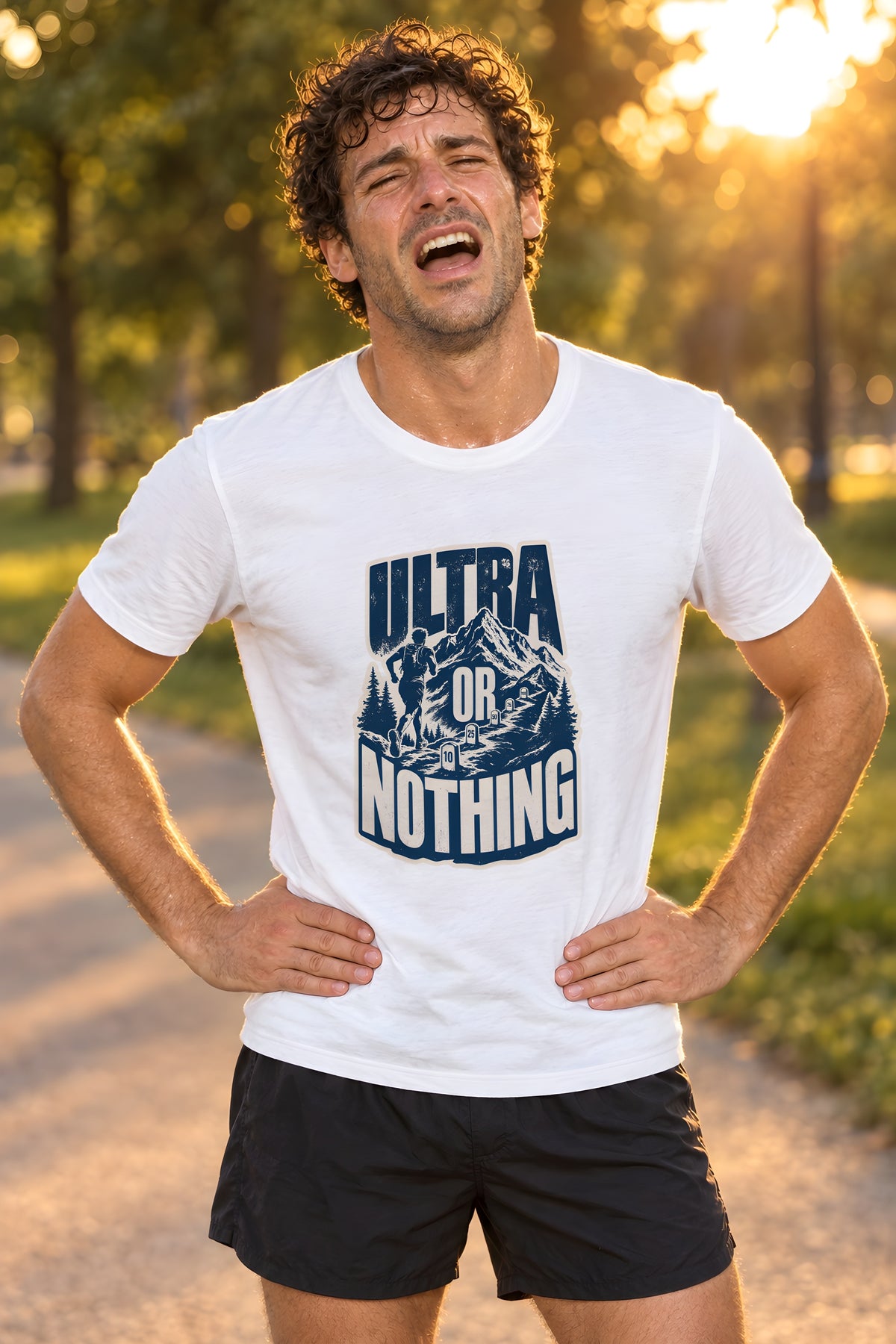 Original Mountain Runner T-Shirt Design – White t-shirt worn by Milo