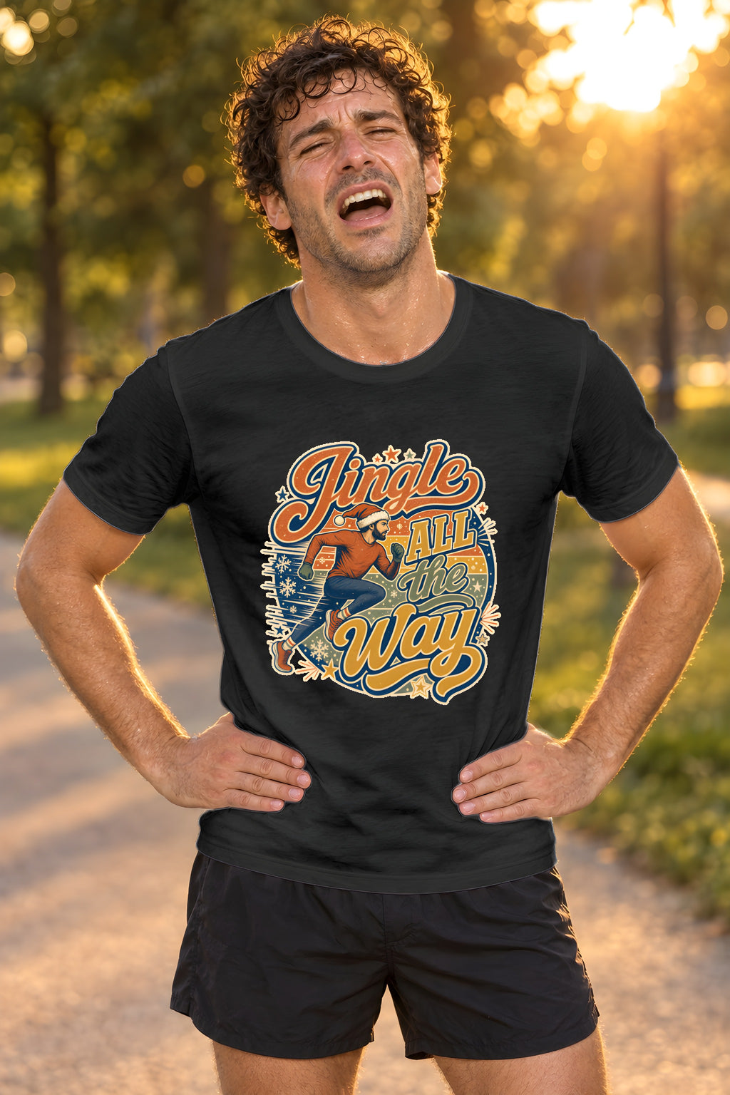 Jingle All the Way T-Shirt, Festive Running Gift – Black t-shirt worn by Milo