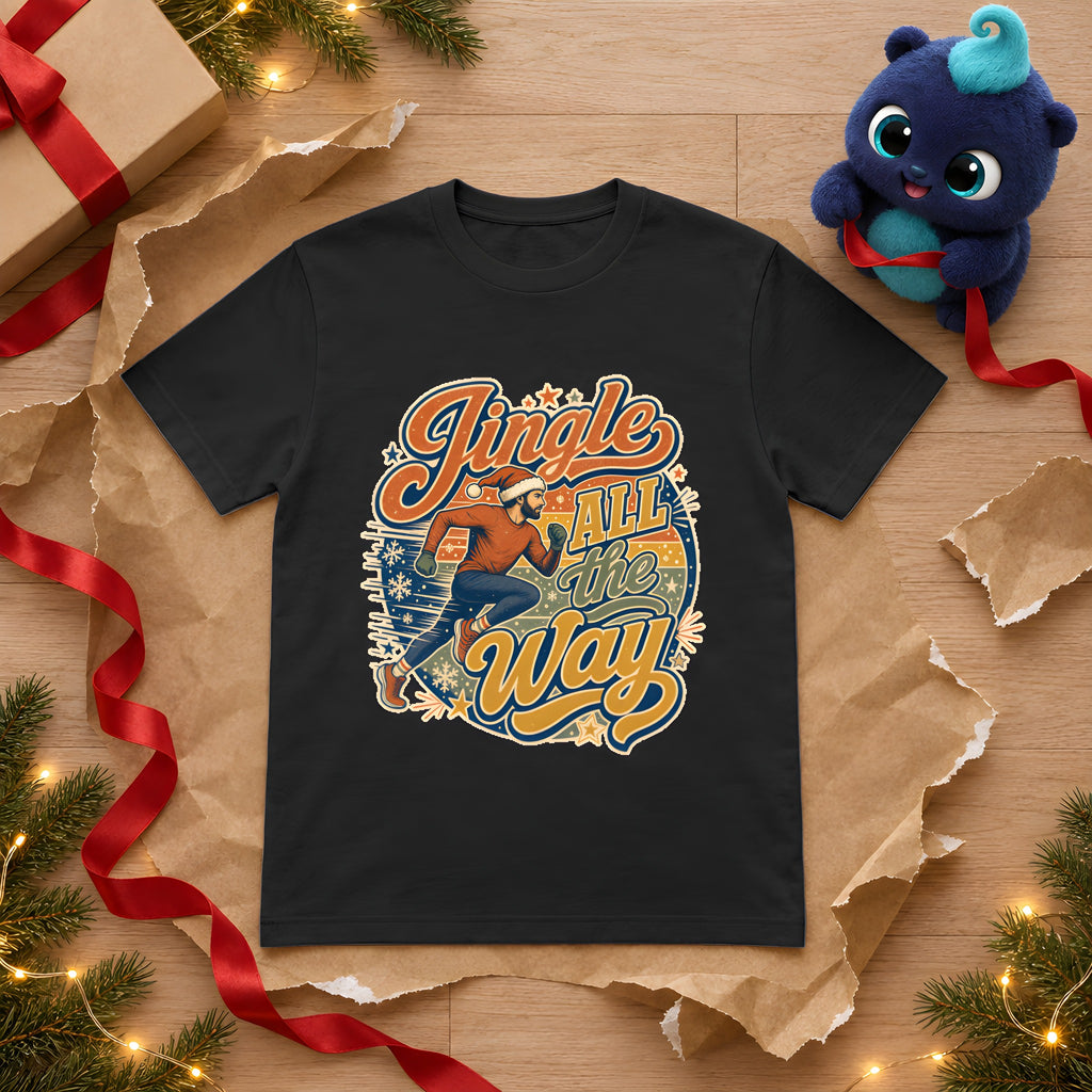 Jingle All the Way T-Shirt, Festive Running Gift – Black t-shirt styled with Plip