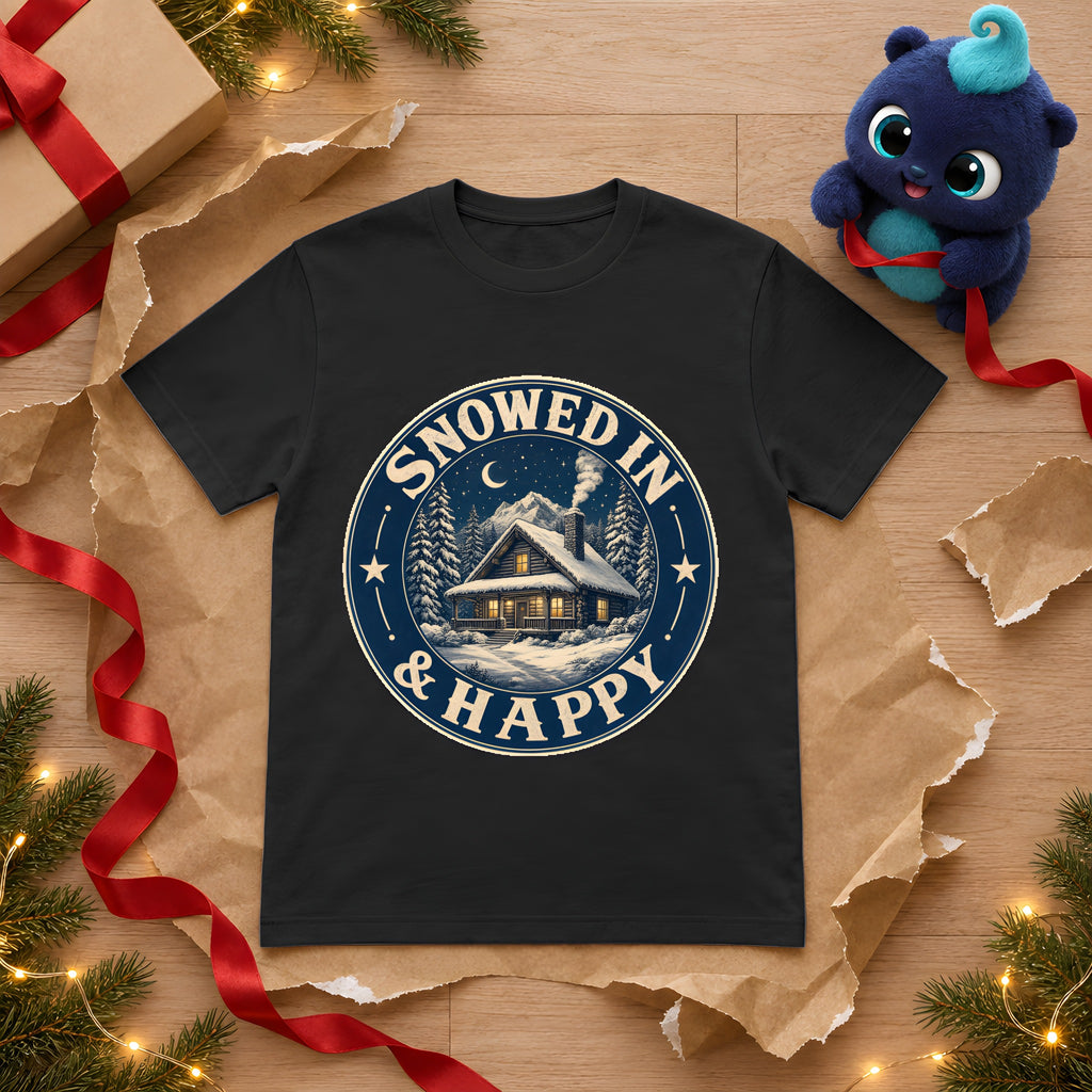 Snowed In & Happy T-Shirt, Cozy Hiker Gift, Winter Cabin – Black t-shirt styled with Plip