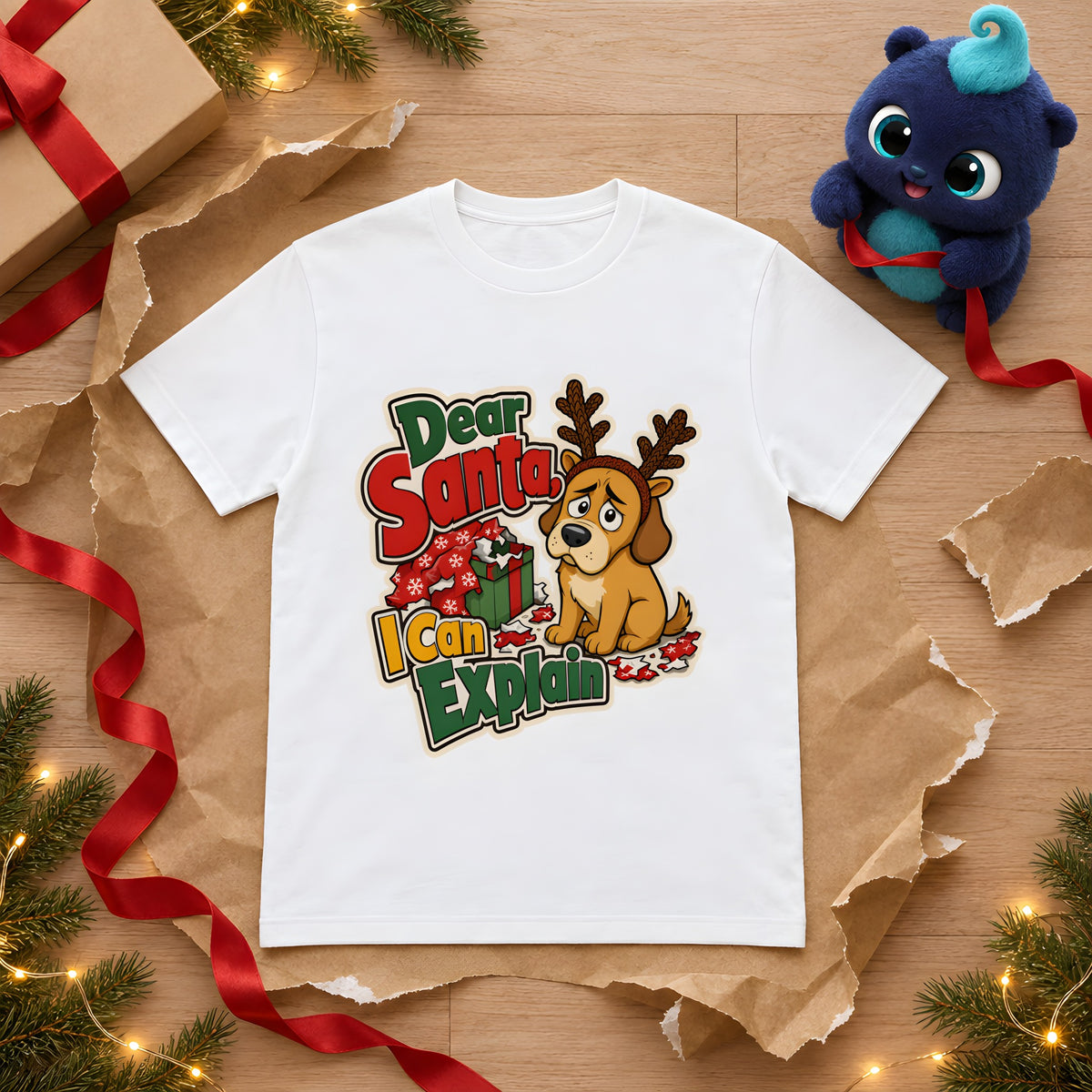 Guilty Dog Christmas T-Shirt, Funny Dog Lover Gift – White t-shirt styled with Plip