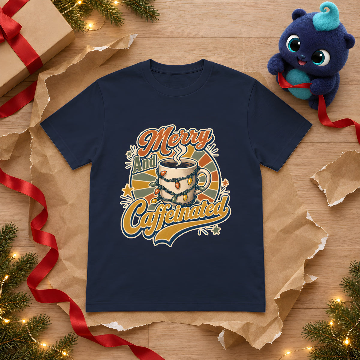 Christmas Coffee Shirt - Cozy Festive Humor – Navy t-shirt styled with Plip