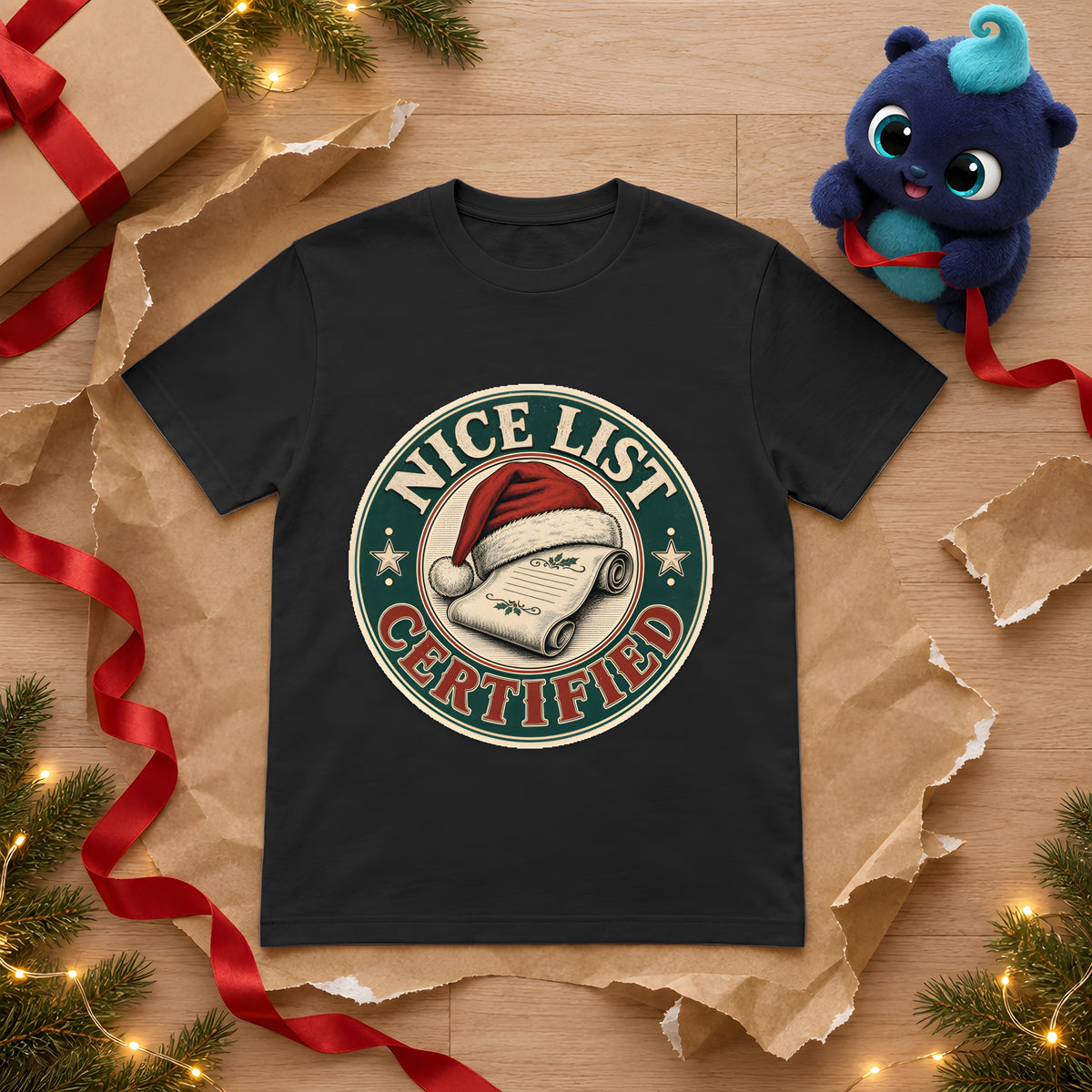 Christmas Santa Nice List - Festive Holiday Humor – Black t-shirt styled with Plip
