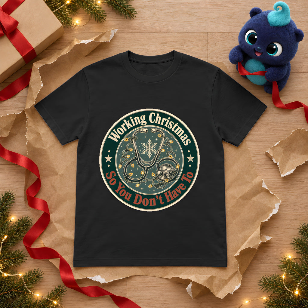 Healthcare Christmas T-Shirt, Gift for Nurses and Doctors – Black t-shirt styled with Plip