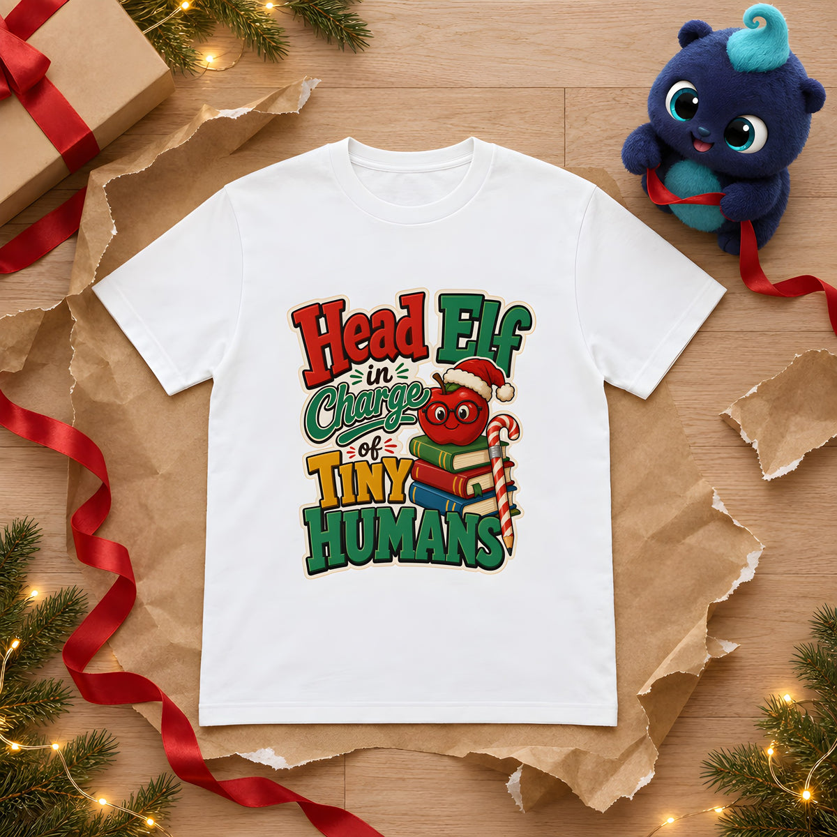 Teacher Christmas Shirt, Fun Gift for Educators – White t-shirt styled with Plip