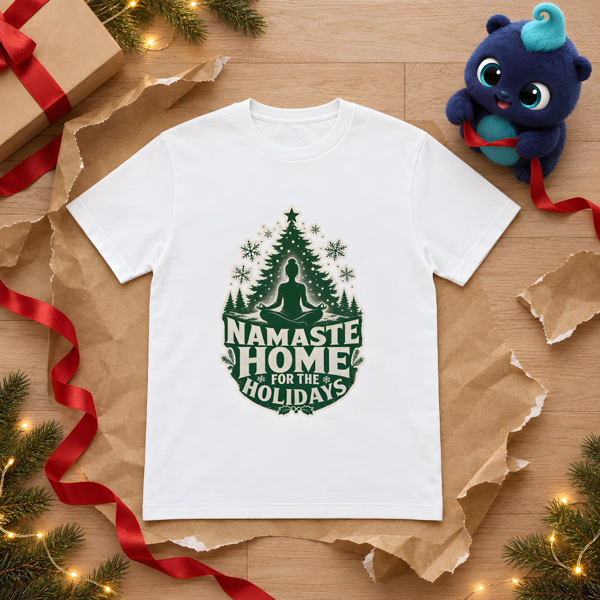 Namaste Home for the Holidays Yoga T-Shirt, Peaceful Winter Gift – White t-shirt styled with Plip
