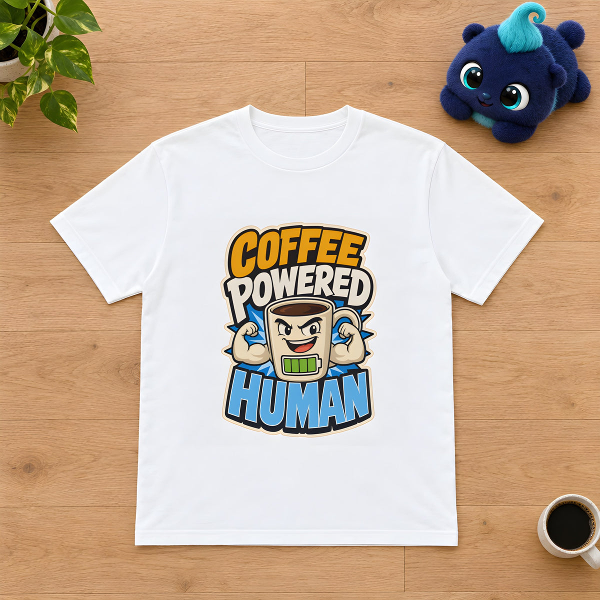Coffee Lover T-Shirt - Power Up Every Morning – White t-shirt styled with Plip