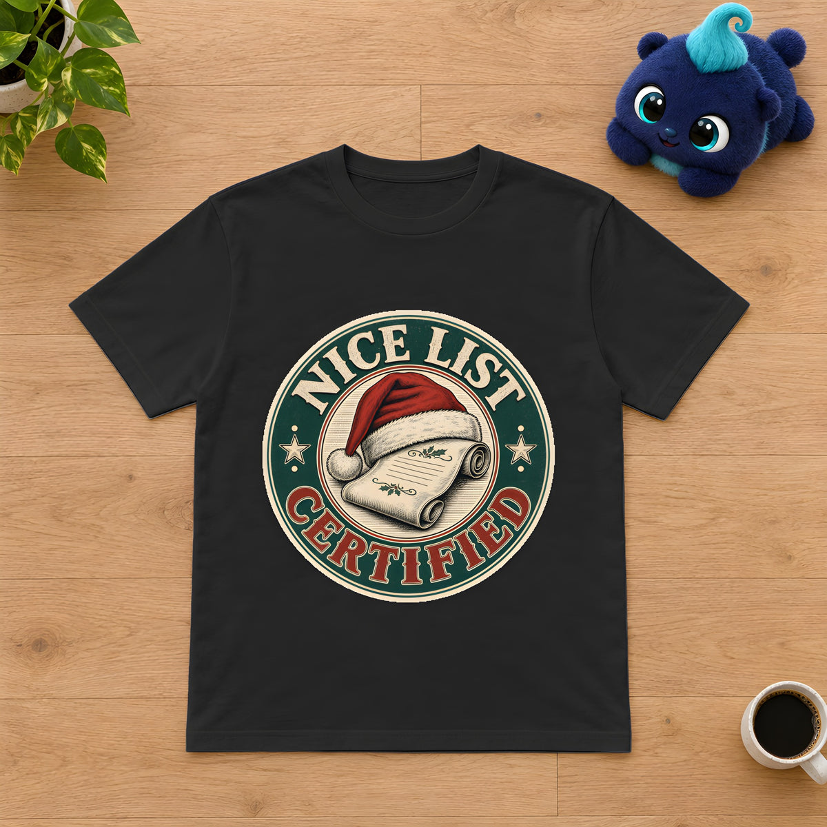 Christmas Santa Nice List - Festive Holiday Humor – Black t-shirt styled with Plip