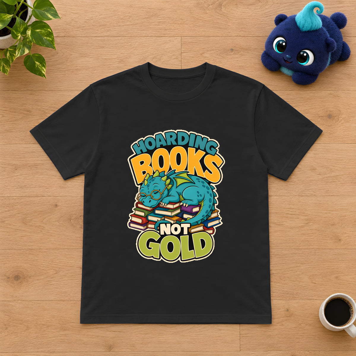 Book Lover Dragon T-Shirt - Fantasy Reader's Dream – Black t-shirt styled with Plip
