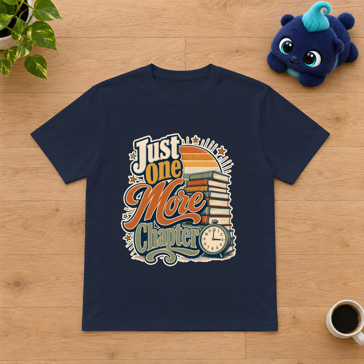 Bookworm Night Reader Tee - Just One More Chapter – Navy t-shirt styled with Plip