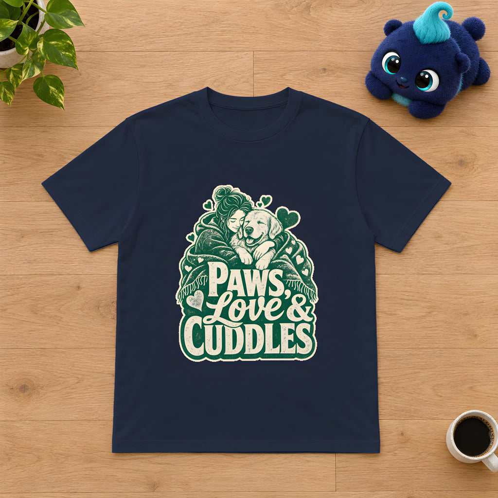 Golden Retriever Design T-Shirt - Cozy Cuddles Await – Navy t-shirt styled with Plip