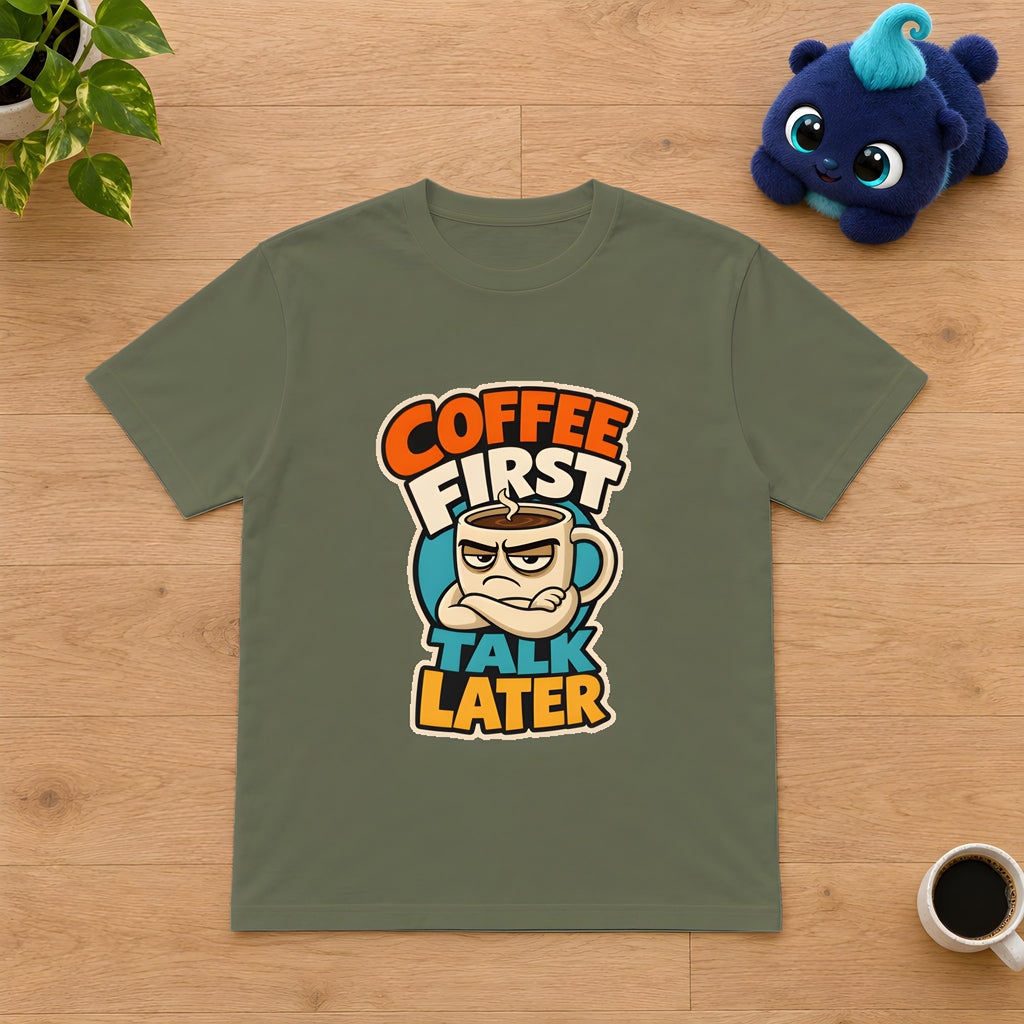 Coffee Lover T-Shirt - Grumpy Cup Morning Humor – Military Green t-shirt styled with Plip