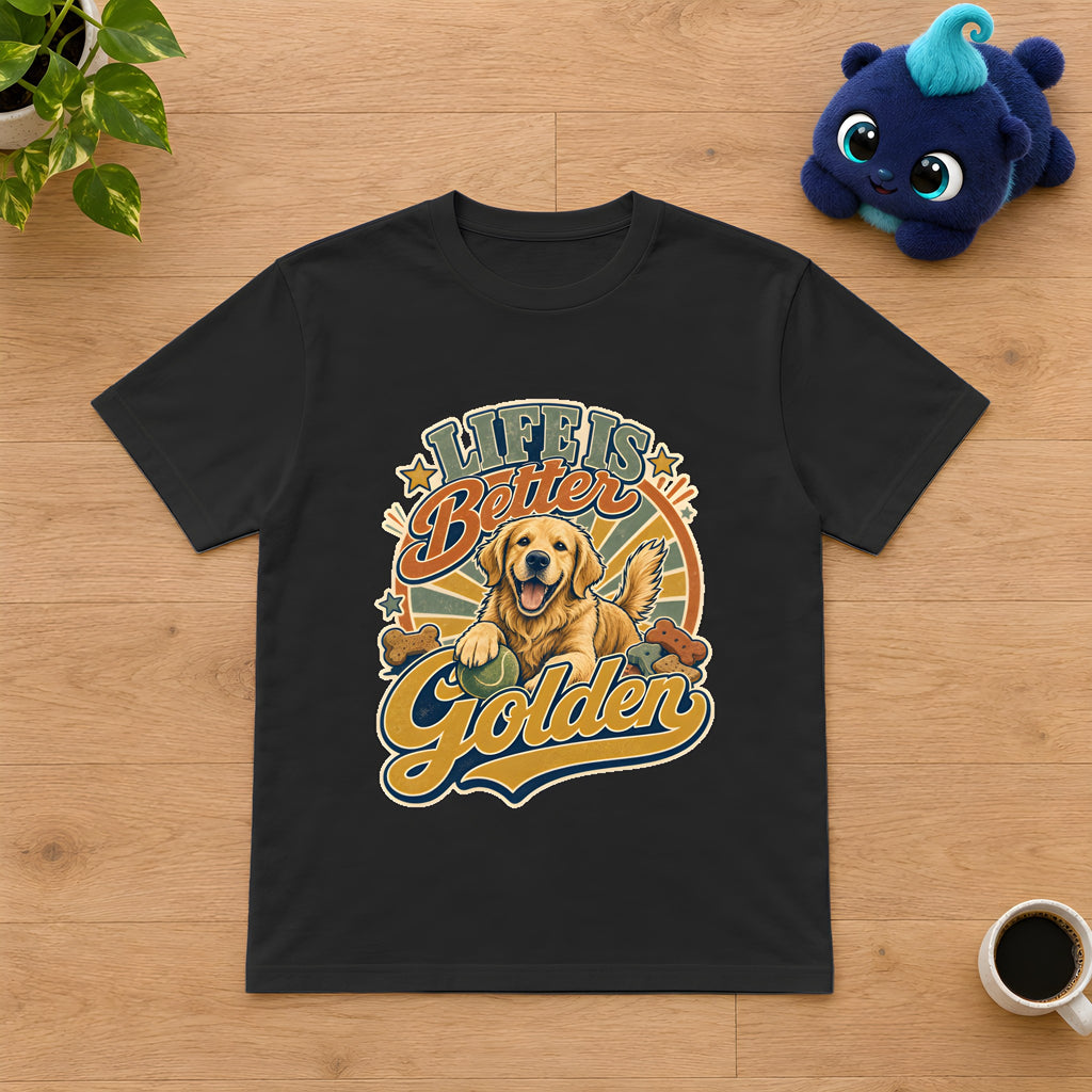 Golden Retriever Design T-shirt - Playful Joy – Black t-shirt styled with Plip