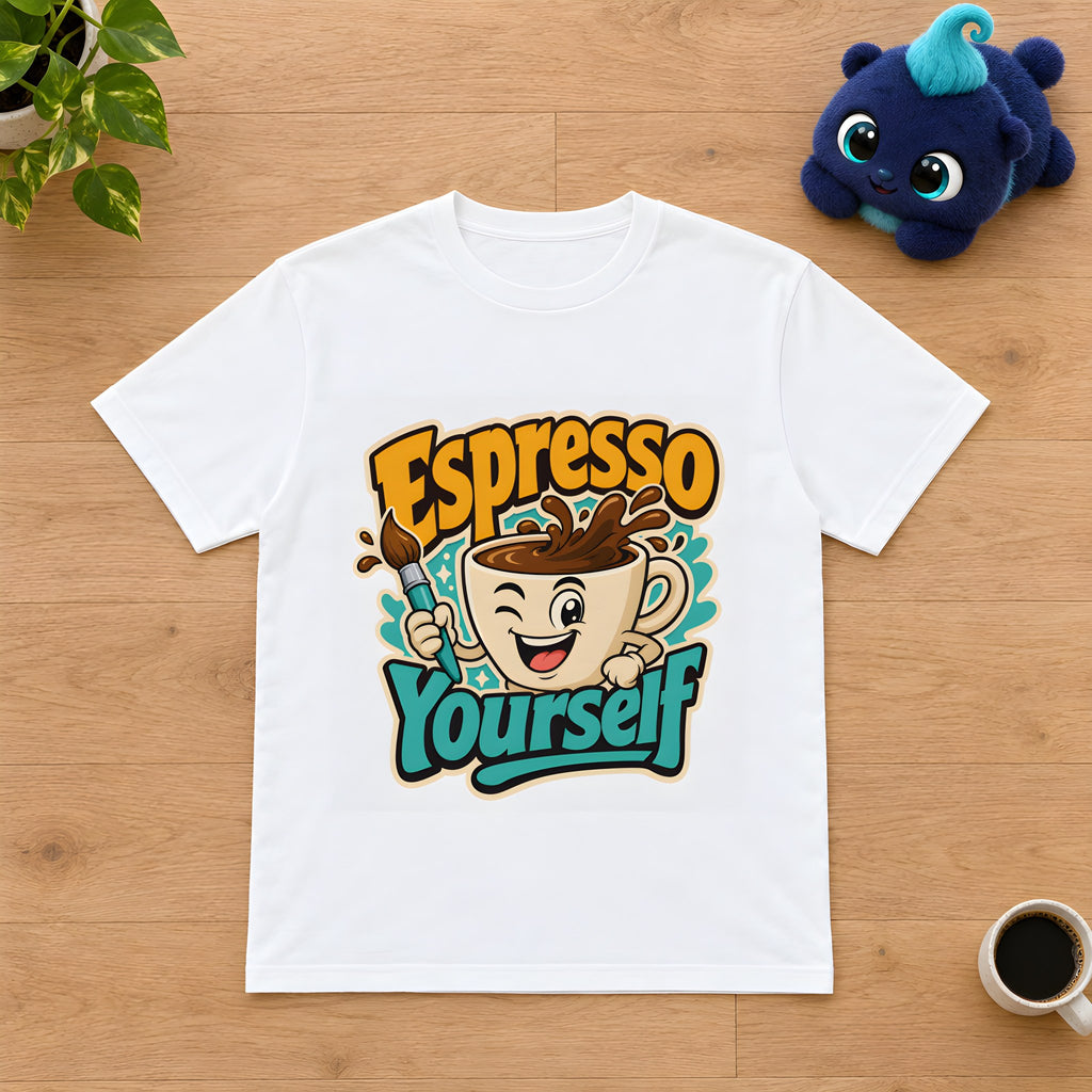 Coffee Lover's Espresso Art T-shirt - Express Yourself – White t-shirt styled with Plip