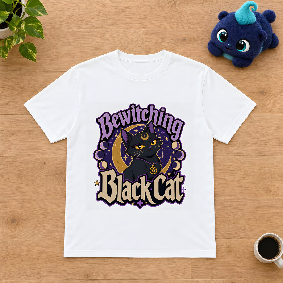 Black Cat Magic T-Shirt - Mystical Design Delight – White t-shirt styled with Plip