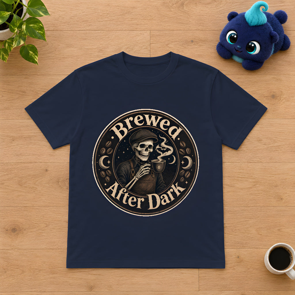 Grinning Skeleton Barista T-Shirt, Coffee Lovers Gift – Navy t-shirt styled with Plip