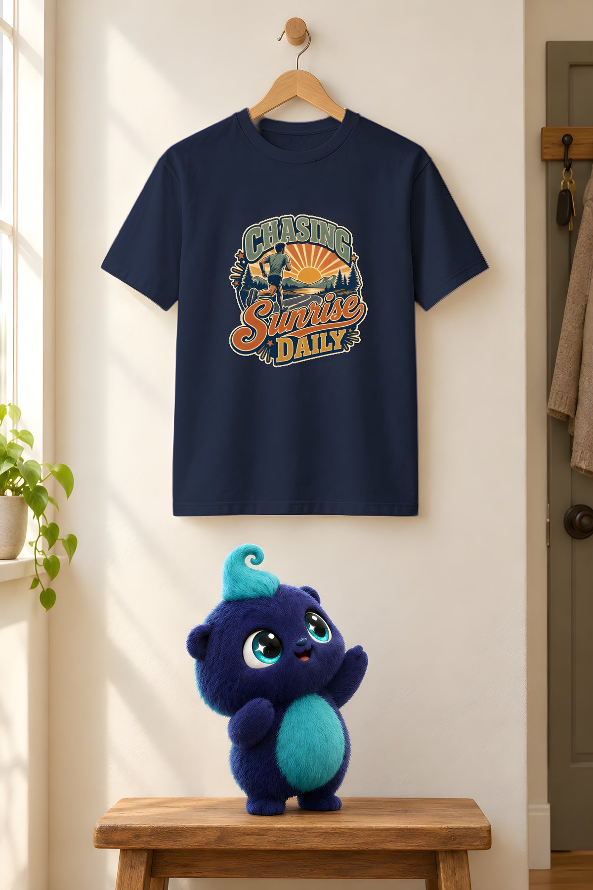 Original Sunrise Runner Design T-shirt for Early Risers – Navy t-shirt styled with Plip