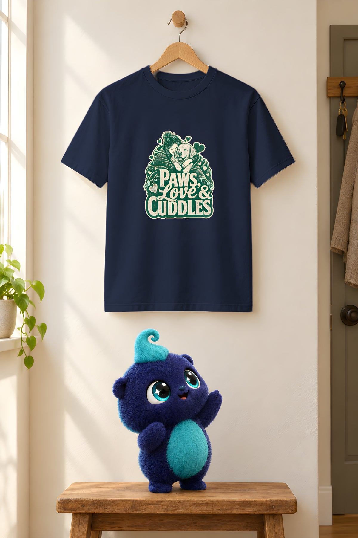 Golden Retriever Design T-Shirt - Cozy Cuddles Await – Navy t-shirt styled with Plip