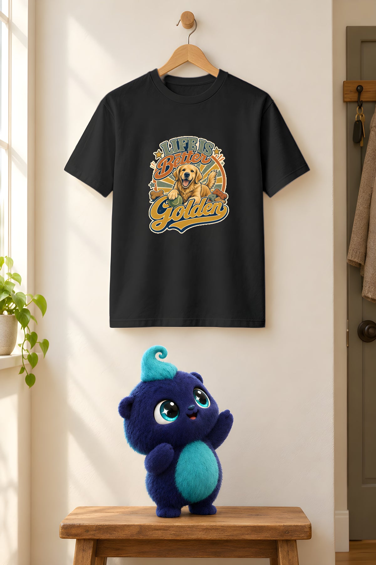 Golden Retriever Design T-shirt - Playful Joy – Black t-shirt styled with Plip