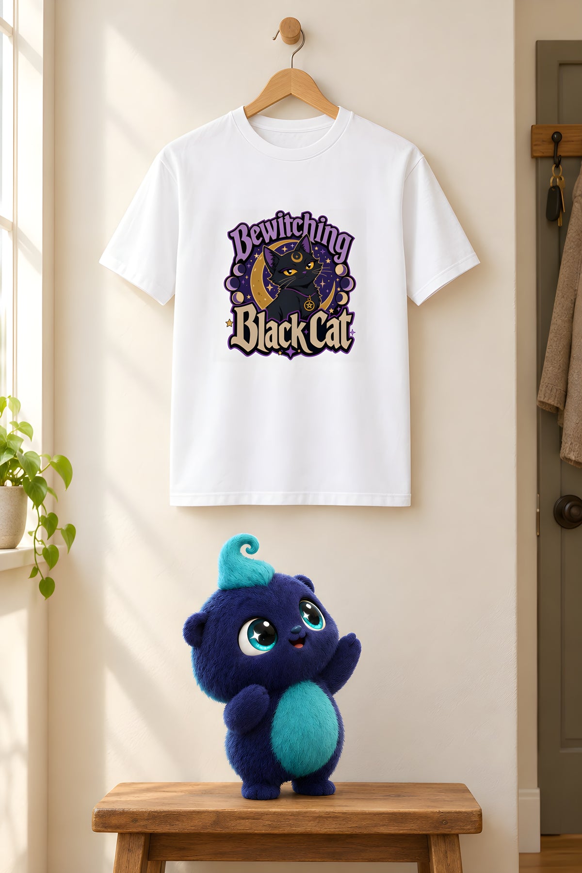 Black Cat Magic T-Shirt - Mystical Design Delight – White t-shirt styled with Plip
