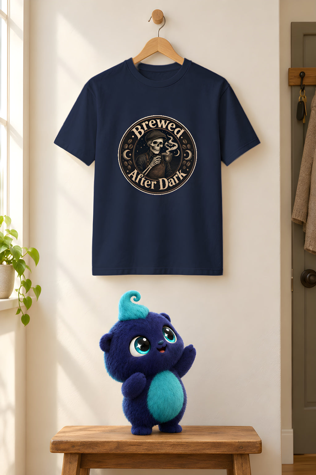 Grinning Skeleton Barista T-Shirt, Coffee Lovers Gift – Navy t-shirt styled with Plip