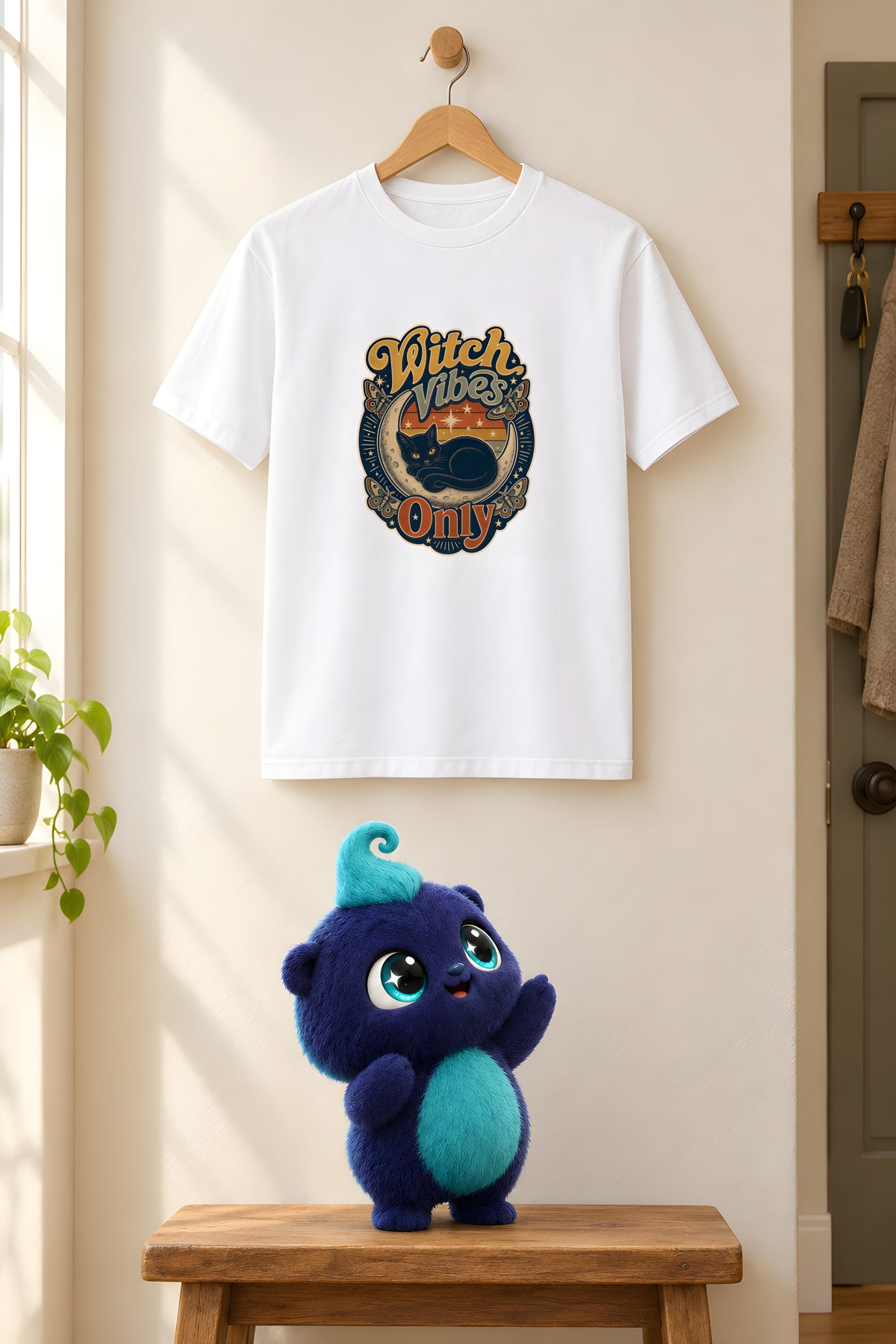 Halloween Witch T-Shirt: Mystical Moon Magic – White t-shirt styled with Plip