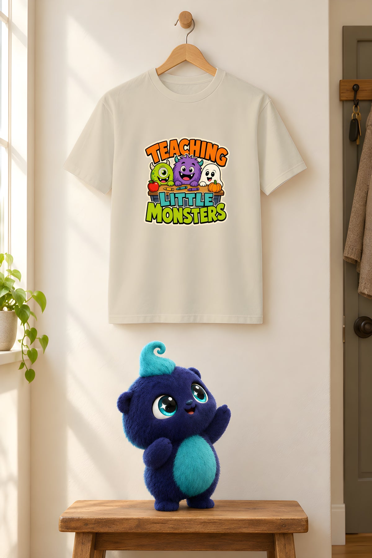 Teaching Little Monsters T-Shirt, Fun Teacher Apparel – Sand t-shirt styled with Plip
